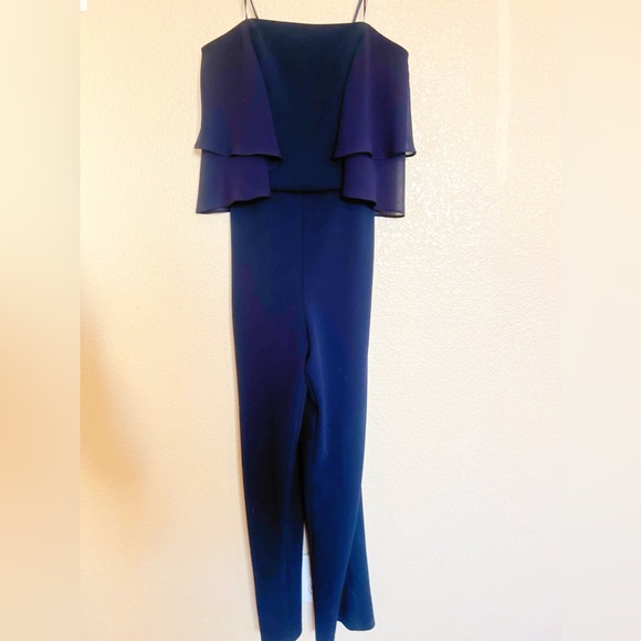 Halston Heritage- Navy Strapless Flowy Chiffon & Crepe Jumpsuit - Picture 2 of 5